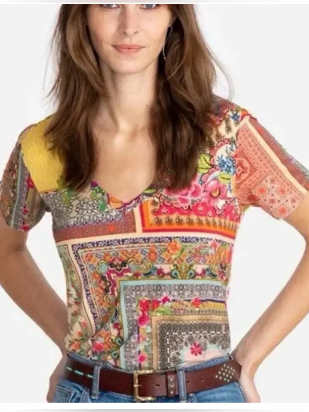 JOHNNY WAS Calloway Favorite V-Neck Tee Shirt Patchwork XXS